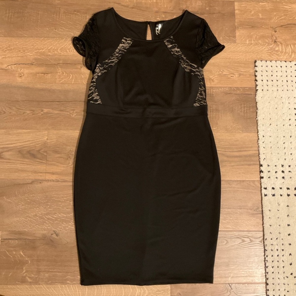 Trixxi black knee length, cap sleeve dress with lace accents, 18